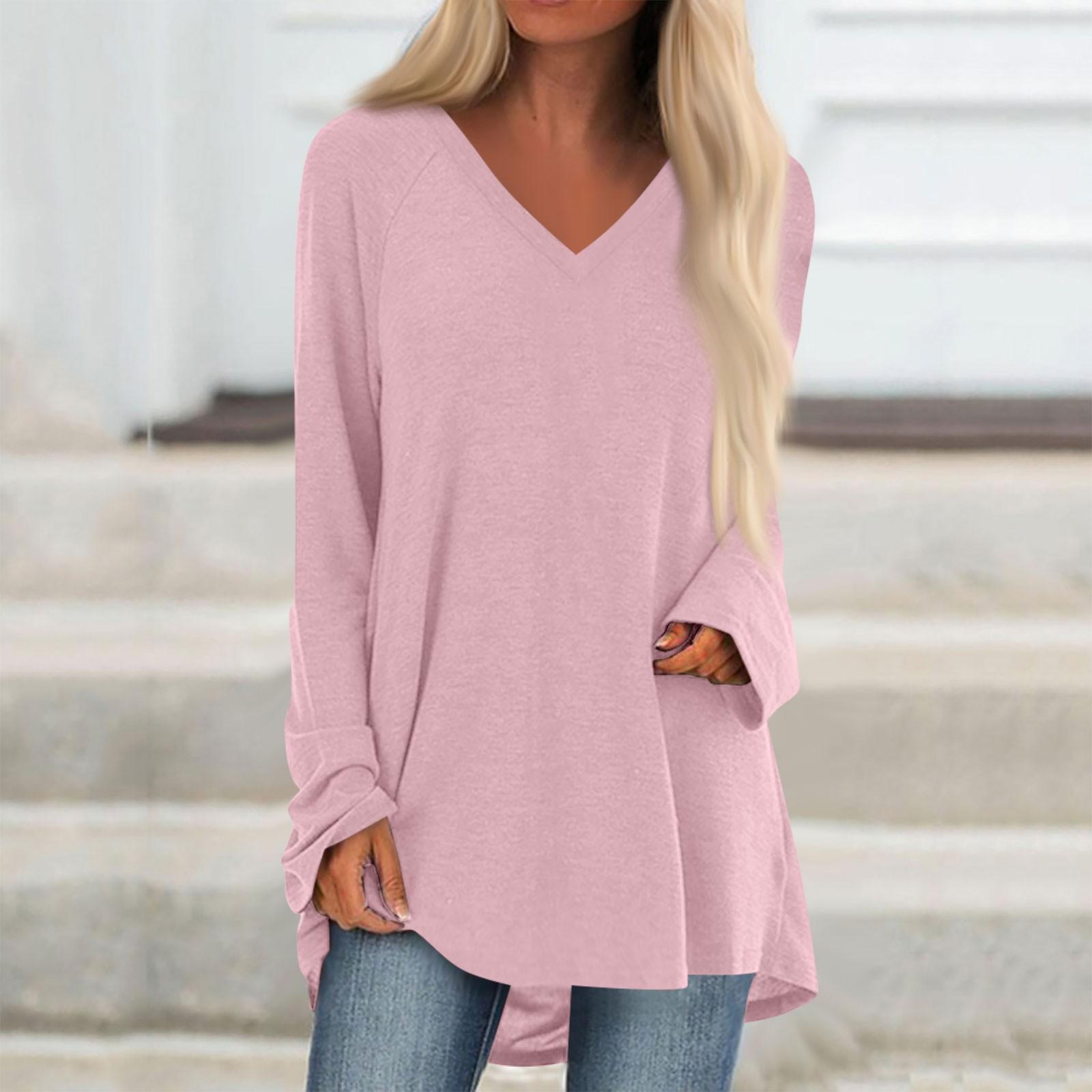 

Women s And Winter Long Sleeved V-neck Solid Color Casual Long Loose T-shirt Top XL рожевий