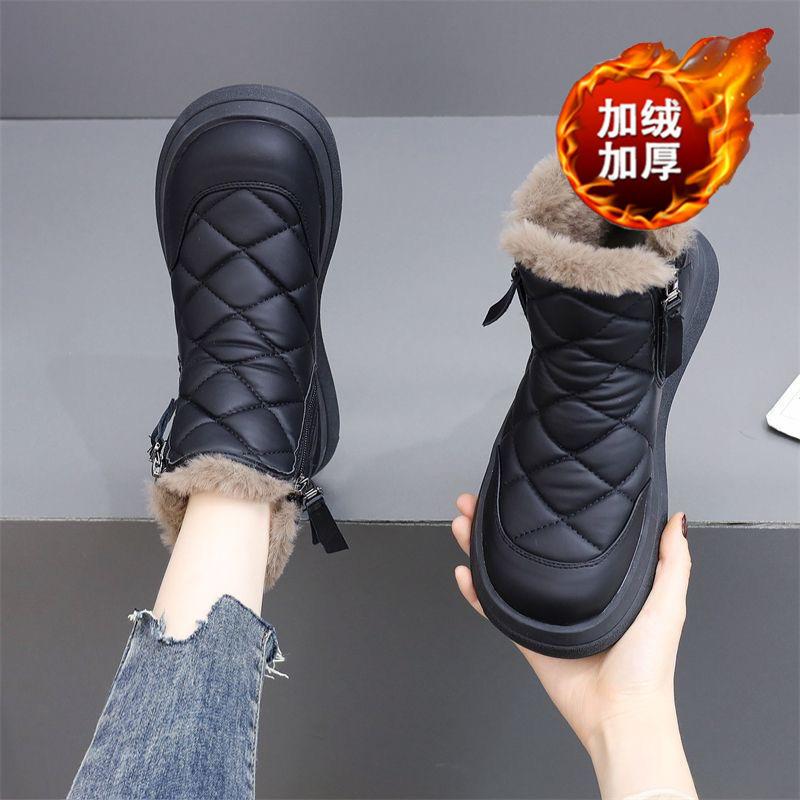 Fleece snow boots winter new side zipper waterproof thickened thermal cotton shoes platform casual short boots