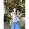 Kumikumi Vacation Set French style Polka Dot Puff sleeve Shirts Women Summer Loose Blue Skirt Two-piece Set