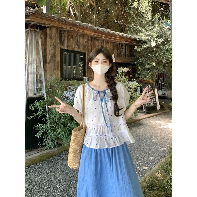 Kumikumi Vacation Set French Style Polka Dot Puff Sleeve Shirts Women Summer Loose Blue Skirt Two-piece Set