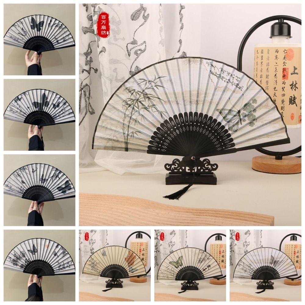 Bamboo Frame Vintage Silk Folding Fan Folding Hand Fan Craft Classical Chinese Fan  Photo Props