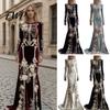 Gotisk Lång Klänning Dam Skelett Print Maxi Klänning, Ärm med Vintage Kläder 3D Blomsterdekor, Sammet Blommig för Halloween Kostymfest Golvlång