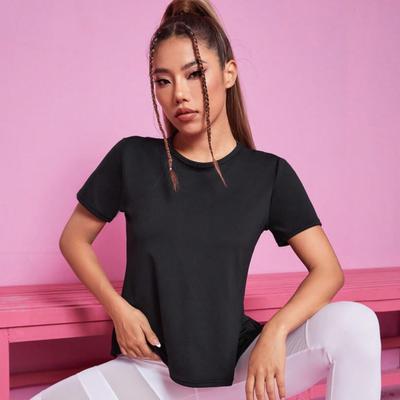 Women's Plain Round Neck Quick-Drying Short Sleeve T-Shirt Mesh Cross Open Back Breathable Athletic Tops for Summer