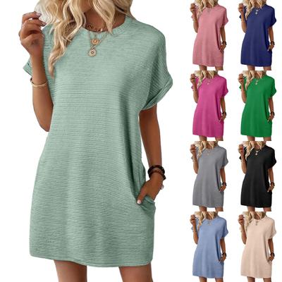 Women's Summer Round Neck Cuffs Rolled Solid Color Short Sleeve Pocket Dresses