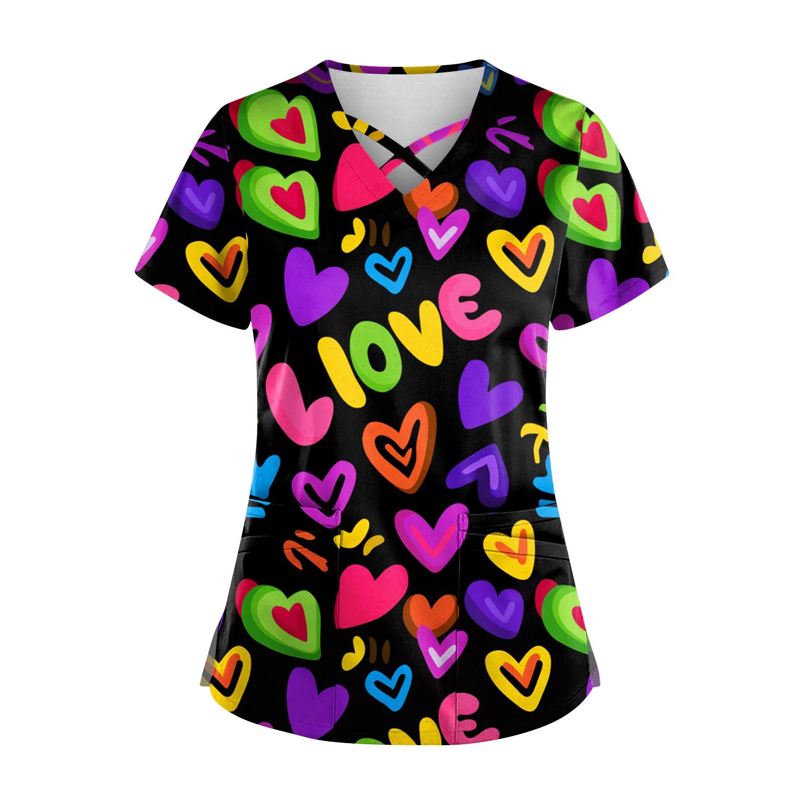 

Women s Short Sleeve Stagger V Neck Print Pocket Dry- Top L