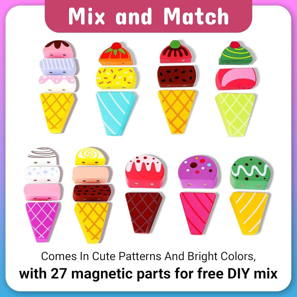 28 pcs Magnetic Ice Cream Sweet Treats Pretend Play Wooden Ice Cream Truck Food & Accessories Montessori Sorting Stacking Toys