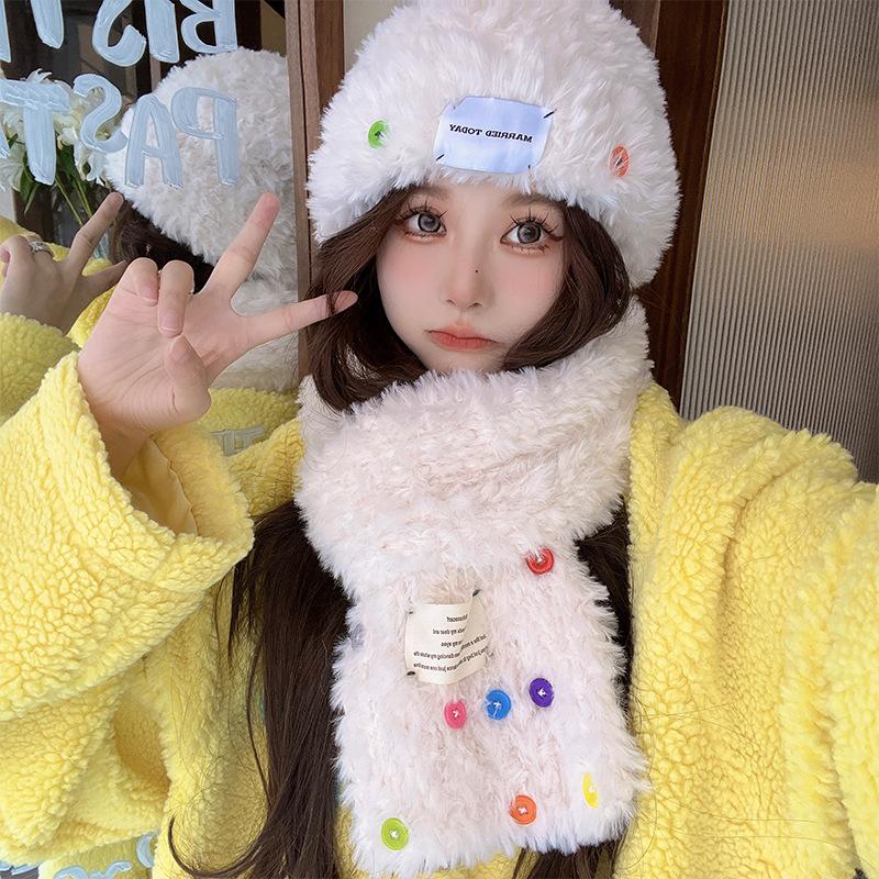 Wool Hat Color Button Fluffy Warm Knitted Hat Cute Fresh Autumn and Winter Versatile Cold Proof Scarf Trendy