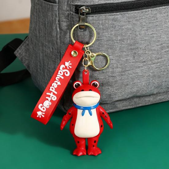 Frog Keychain Saluting Button Link Hands Realistic Texture Blue Scarf Frog Key Chain Mini Portable Lobster Clasp Backpack Pendant
