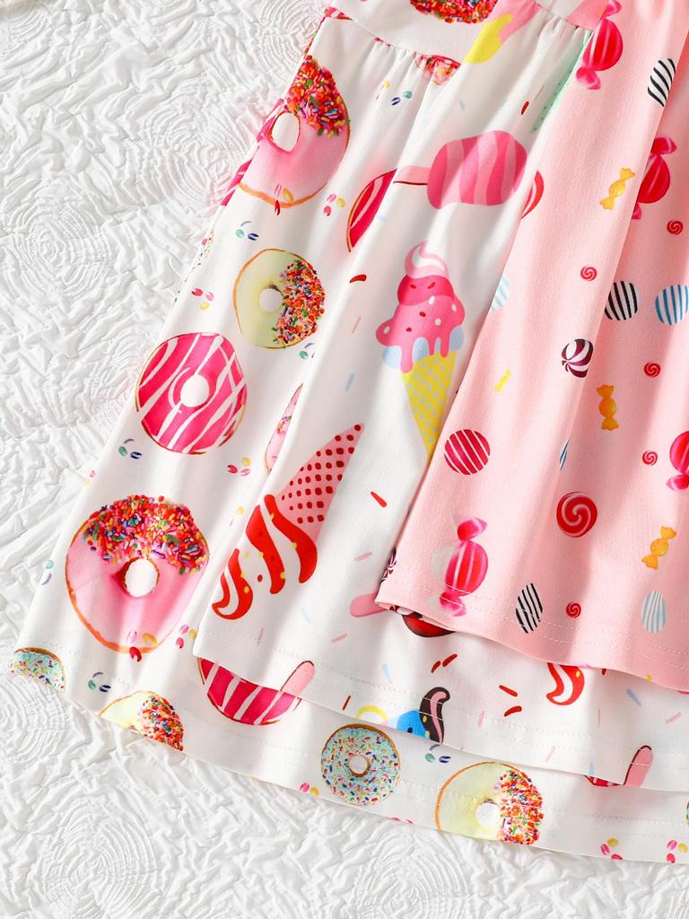 3pcs Young Girl's Casual and Cute Dessert Series Ice Cream & Candy & Donut Bread All-over Print Round Neck Short Sleeve Dress Spring/Summer