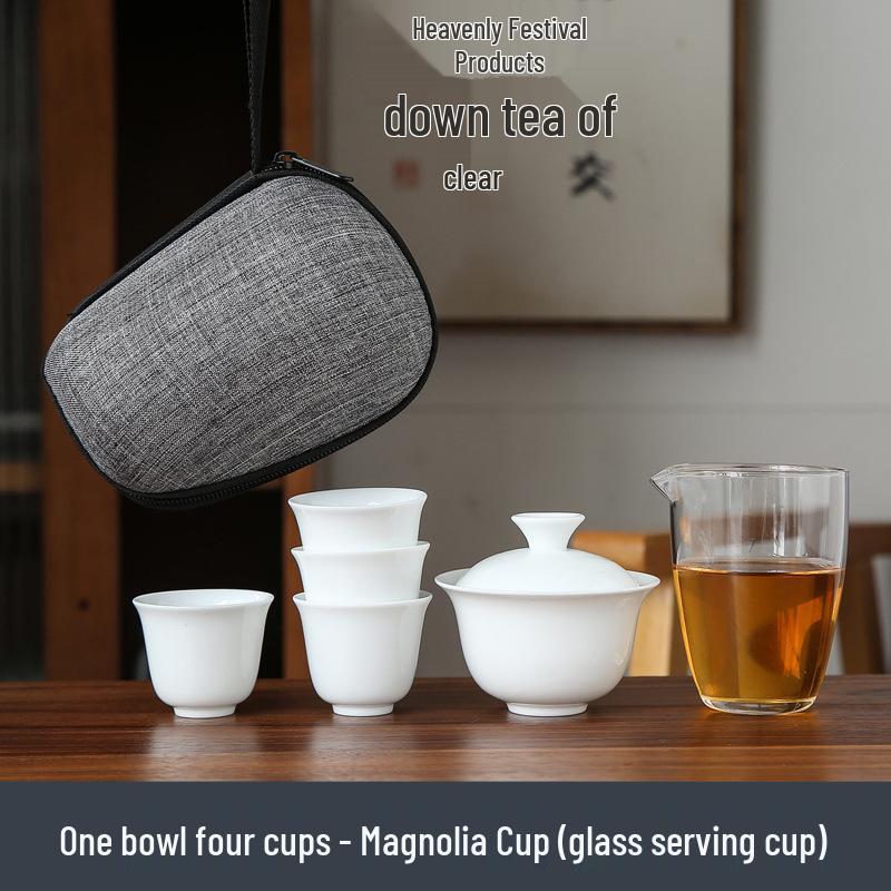 Dehua White Porcelain Travel Kung Fu Tea Set with Bag: 1 Bowl, 4 Cups, Glass Quick Cup, Gift Option, Customizable Logo.