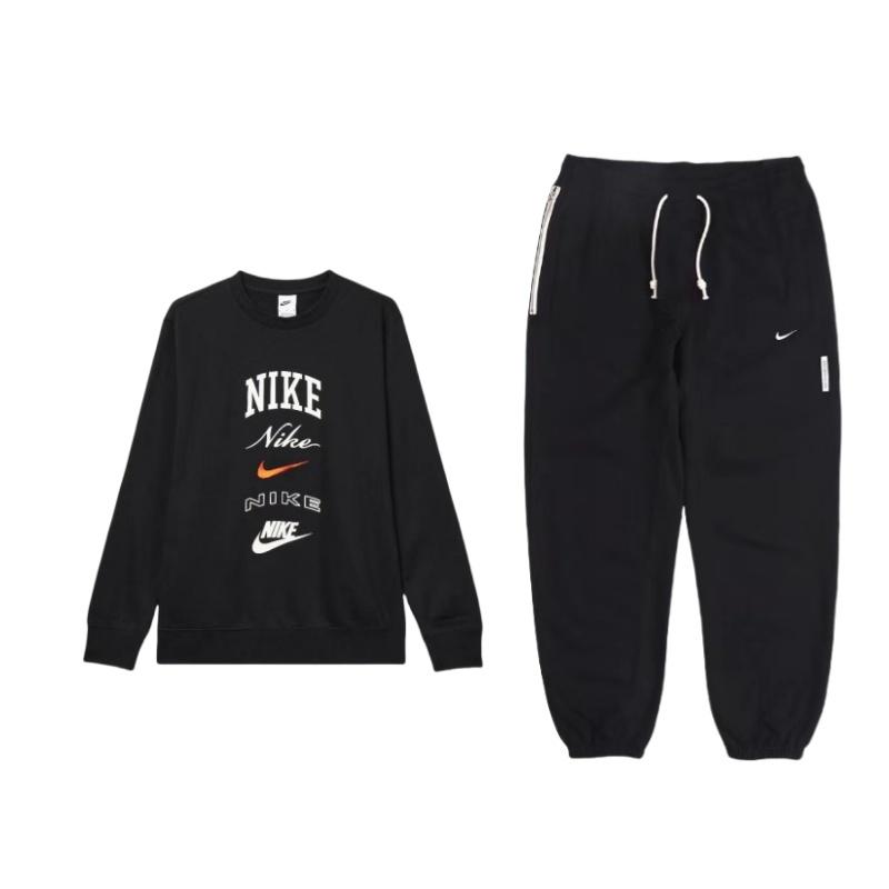 Nike Letter Print Crew Neck Fleece Long Sleeve Top Comfortable Mid Waist Drawstring Pants Hoodie Set Unisex Sets Black CK6366-010+FN2611-010