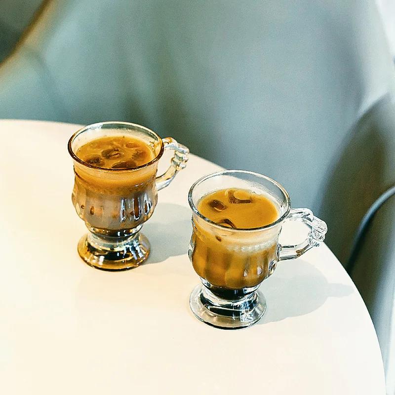 INS Vintage Embossed Glass Cup Good-looking Girly Heart Water Cups High-Legged Latte Coffee Mug with Handle Afternoon Tea Shot