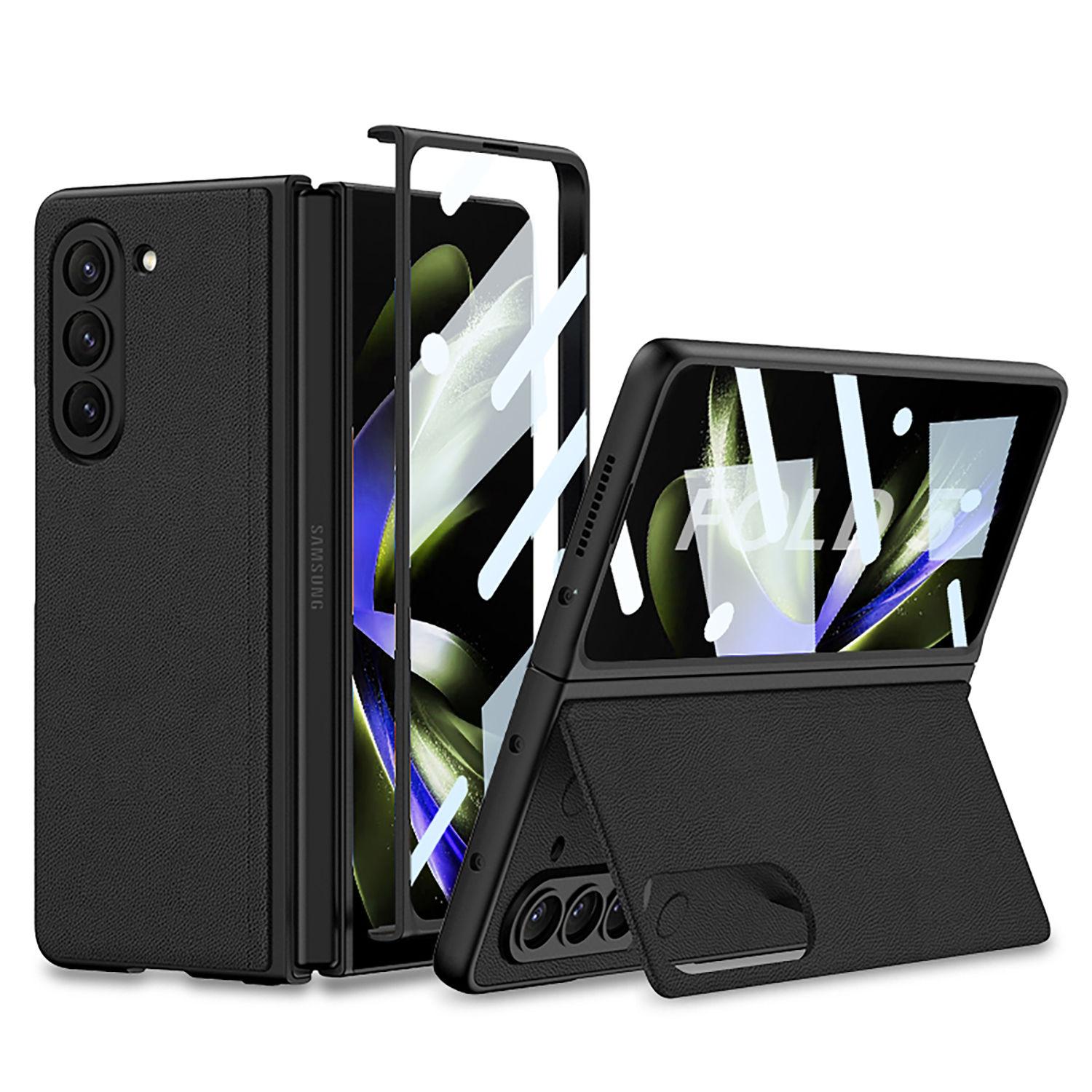 Plain Leather Case for Samsung Galaxy Z Fold 5 Ultra-thin Bracket Holster Shell-membrane Drop Full Protection Cover For Galaxy Z Fold 5 чёрный