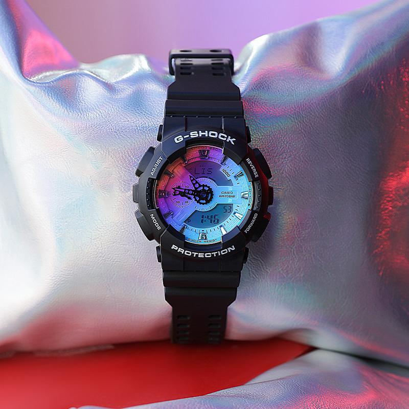 G-Shock Casio Neon Series Colorful Laser Glass Mirror Casual Sports Waterproof and Antimagnetic Men's Watch Black GA-110SR-1APR