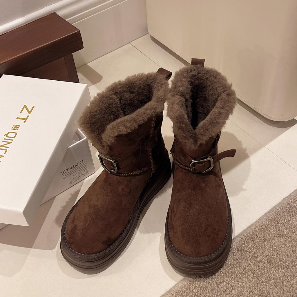 Thick-soled Snow Boots, Integrated Fur, Piled and Thickened Two-wear Flip Short Cotton Boots