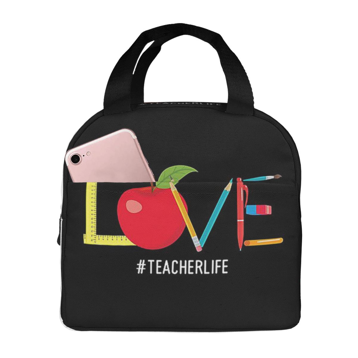 Love Teacher Life Apple Pencil Insulated Lunch Bag for Women Kids Portable Food Boxes Thermal Lunch Box Tote One Size