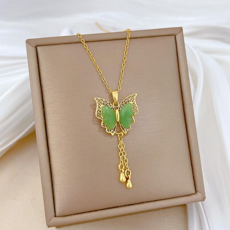 Titanium Steel, Green Butterfly Tassel Light Luxury Temperament Gorgeous Full Diamond Necklace Women'S Versatile Collarbone Chain Titanium Steel Chain