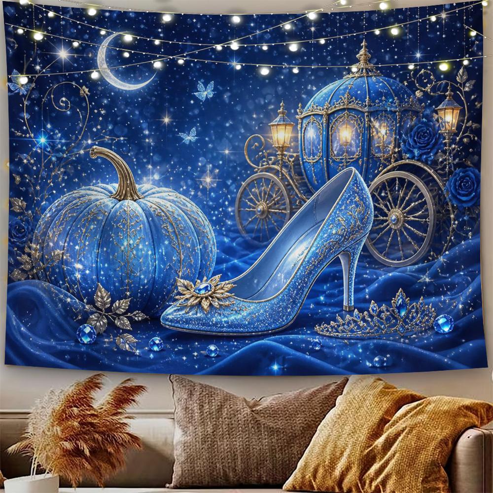 2D Flat - 2D Flat - 2D Flat Print 1pc Tapestry Blue Cinderella Shoe And Carriage Tapestry, Starry Night Fairy Tale Home Decor Ideal Interior Decor for