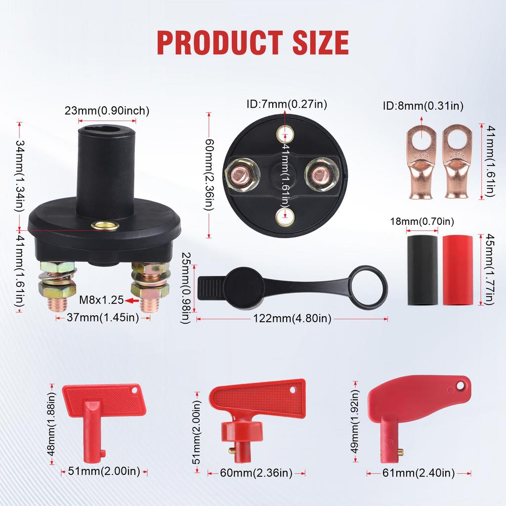 12-24V Battery Disconnect Switch 300A Battery Master Isolator Cut Off Power Kill Switch with 2 Red Key for Marine RV ATV