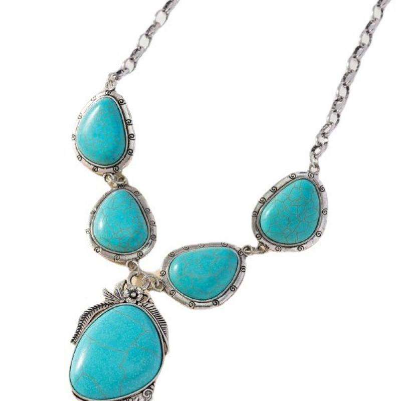 Vintage Bohemian Turquoise Alloy Earring Necklace Set Retro Western Style Asymmetrical Pendant Jewelry Men Women
