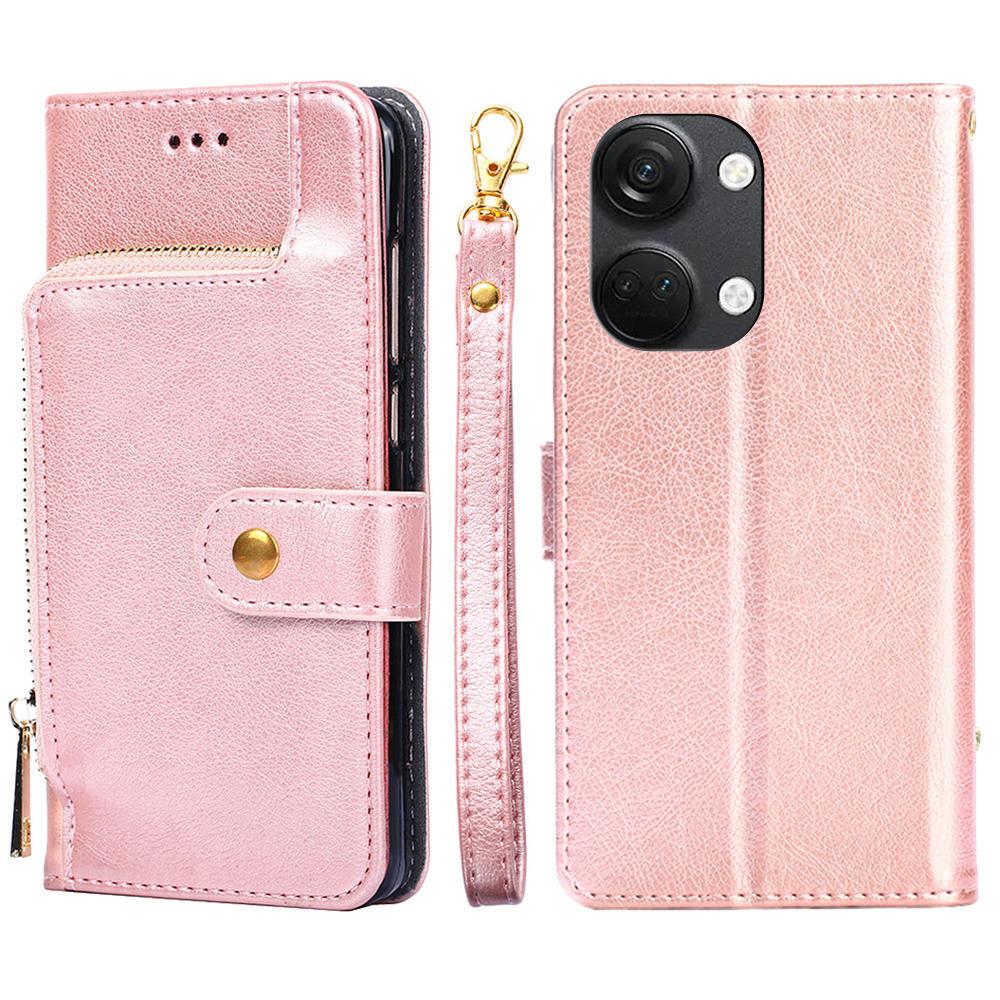 

Phone Case for OnePlus Nord 3 5G/Ace 2V 5G Zipper Pocket PU Leather Wallet Foldable Stand Cover with Strap Rose Gold