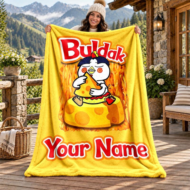Buldak Custom Name Flannel Blanket Personalized Soft Warm Plush Throw Blanket Customized Gift for Family Friends