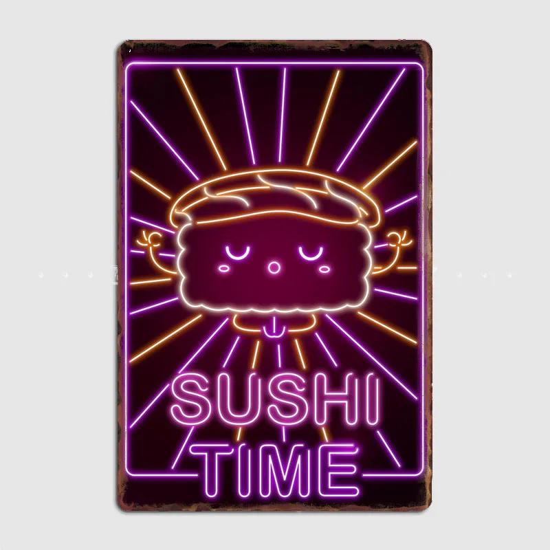 Kawaii Sushi Japanese Food Neon Sign Vintage Poster Metal Sign Cinema Kitchen Printing Room Wall Decor Tin Home Decoration
