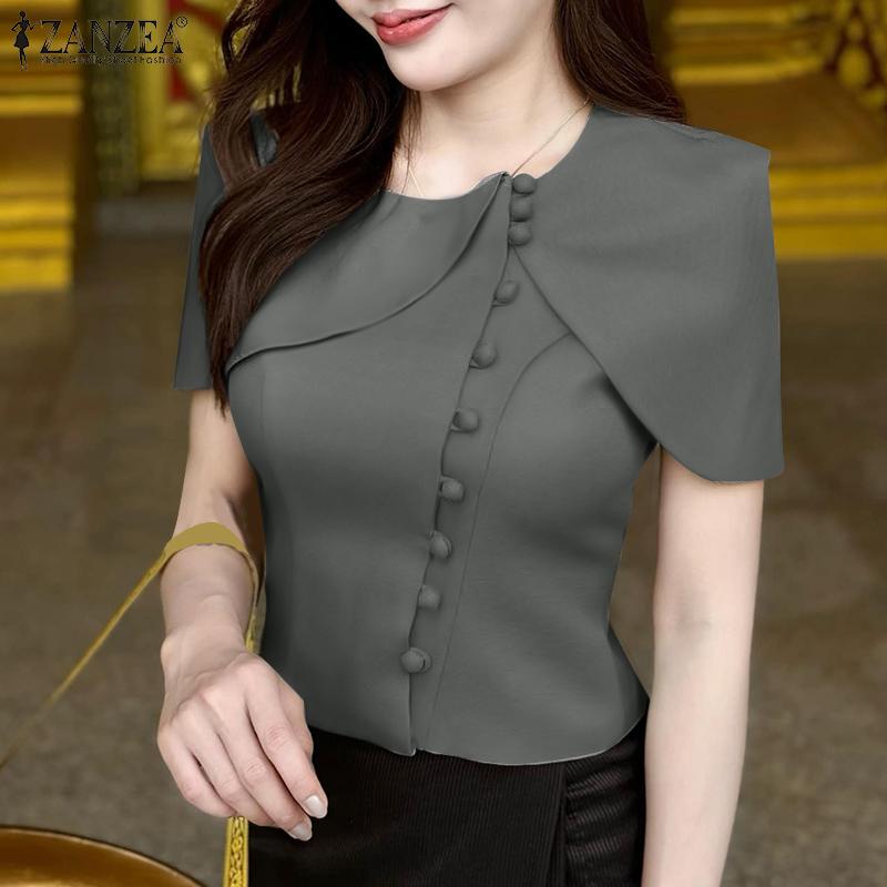 ZANZEA Kvinner Casual Rund Hals Sommer Kort Ermet Slim Bluse
