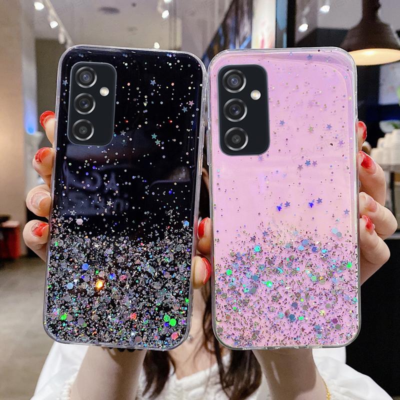 Cute Girl Glitter Stars Soft Silicone Phone Case Cover for Samsung Galaxy A05 A05S A15 A25 A35 A55 5G S23 FE S24+ Plus Ultra A54 A34 A24 A14 4G 5G