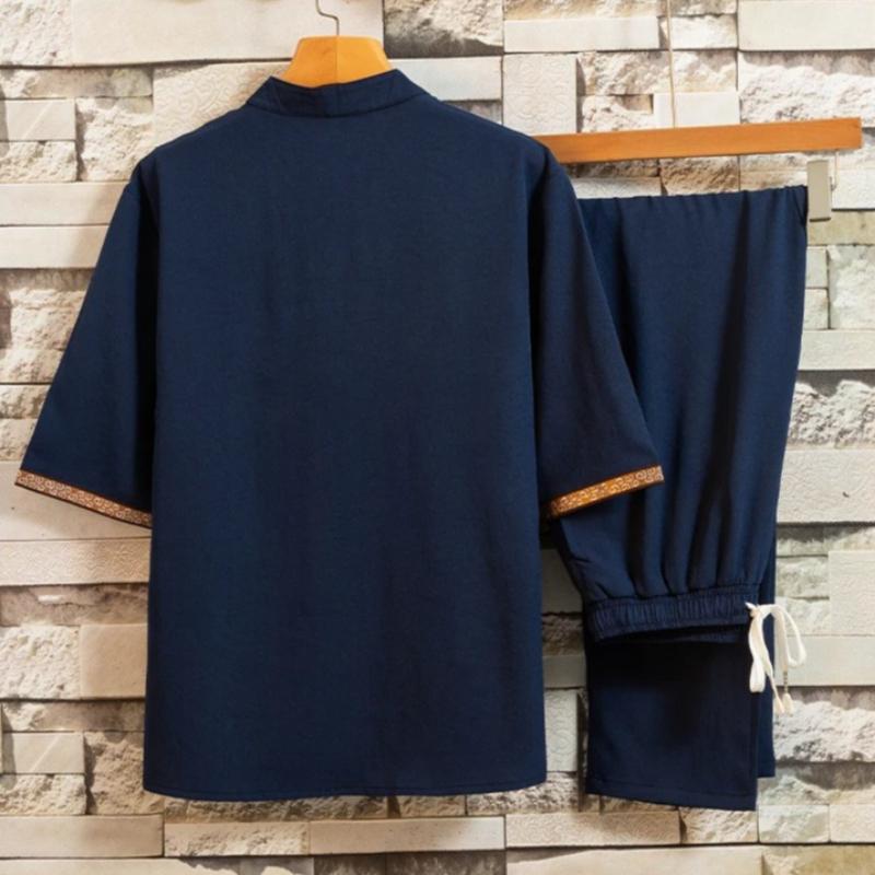 Summer Casual Set Men's Frog Button Hanfu Retro Streetwear Tang Suit T-shirt Crops Two-Piece Set