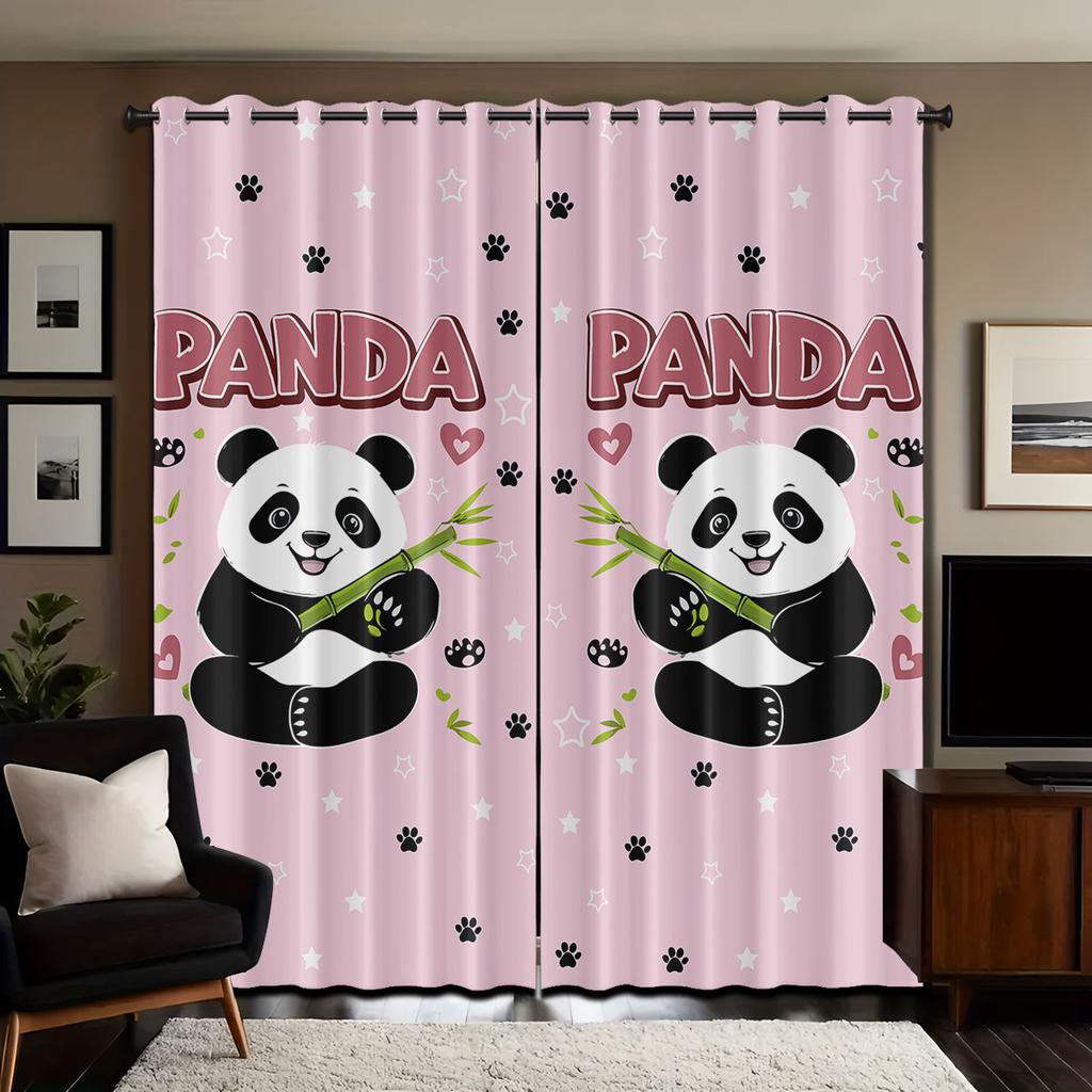 Set Of 2 Pink Heart Shaped Panda Print Perforated Curtains Multiple Sizes Living Room Insulation Decoration Easy Install Curtain Darkening Polyester