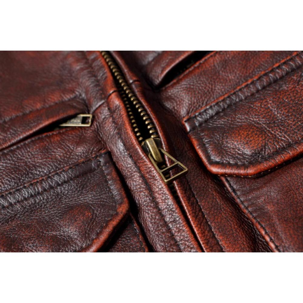 Chinese Size Vintage Red Brown Men Leather Jacket M65 Hunting Flight Jacket Genuine Cowhide Coat Autumn