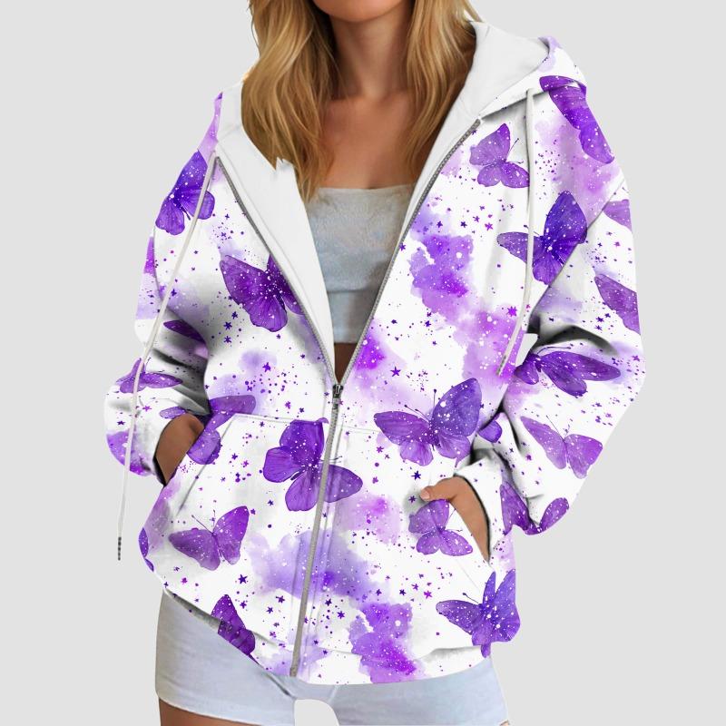Damen Kapuzenpullover mit Schmetterlings-Grafik Herbst Reißverschluss Langarm Lockere Jacken Mäntel Streetwear Harajuku Lässige Kapuzenpullover