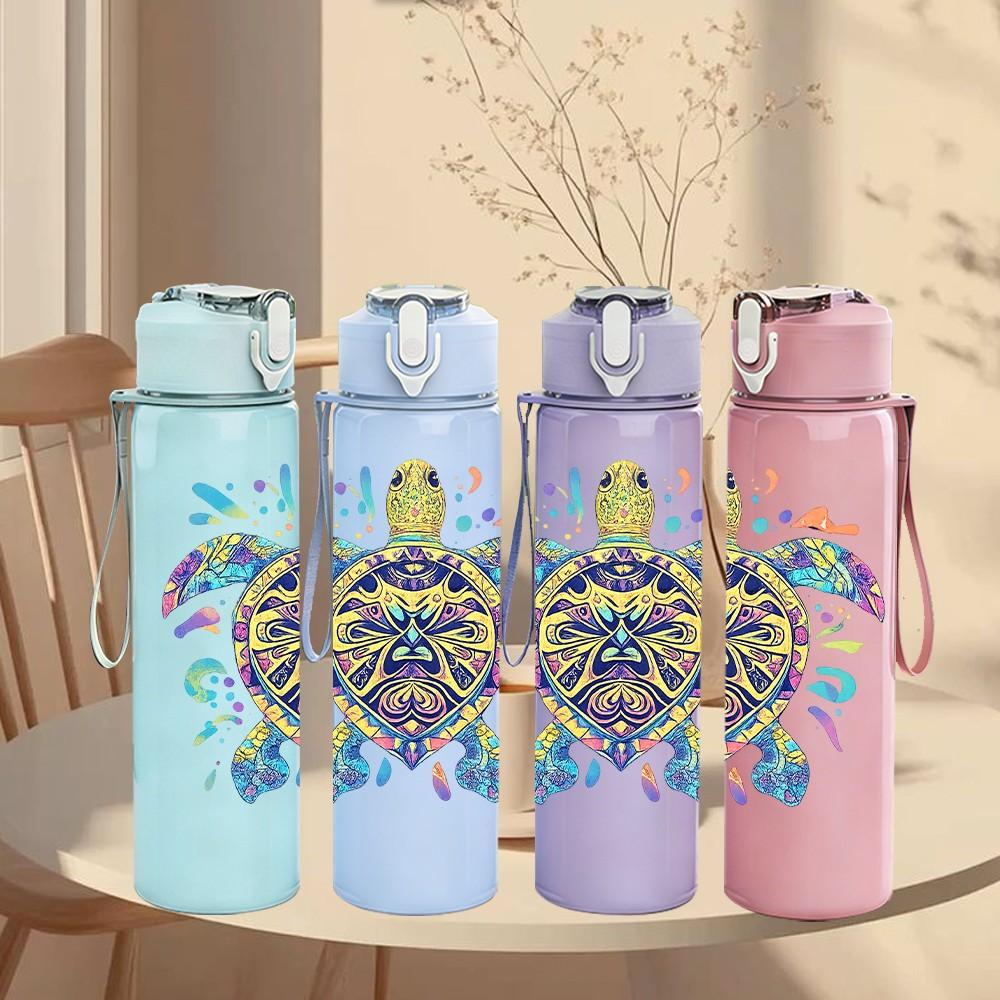 1PC Colorful Sea Turtle Ocean Animal Print 750ml Color Plastic Sports Water Bottle Leakproof Flip Straw Lid Suitable for Sports Office Home Use