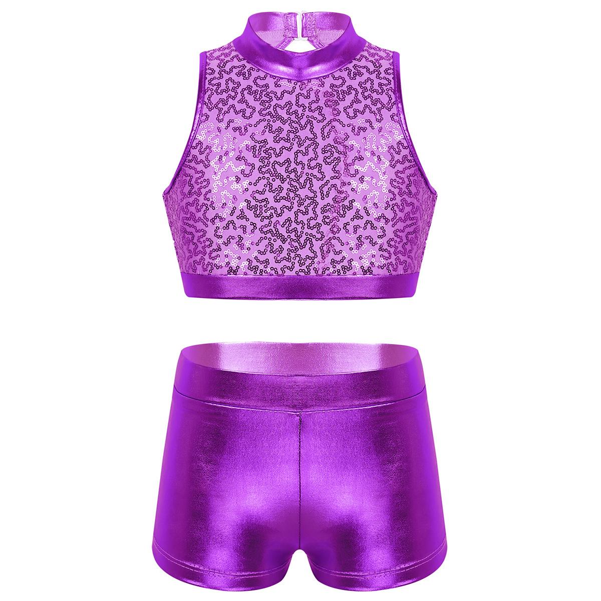 

Дитячий Дівчачий Комплект для Танців з Двох Частин Блискучий Топ без Рукавів Кроп Металізовані Шорти Костюм для Виступу 9-10 Years фіолетовий