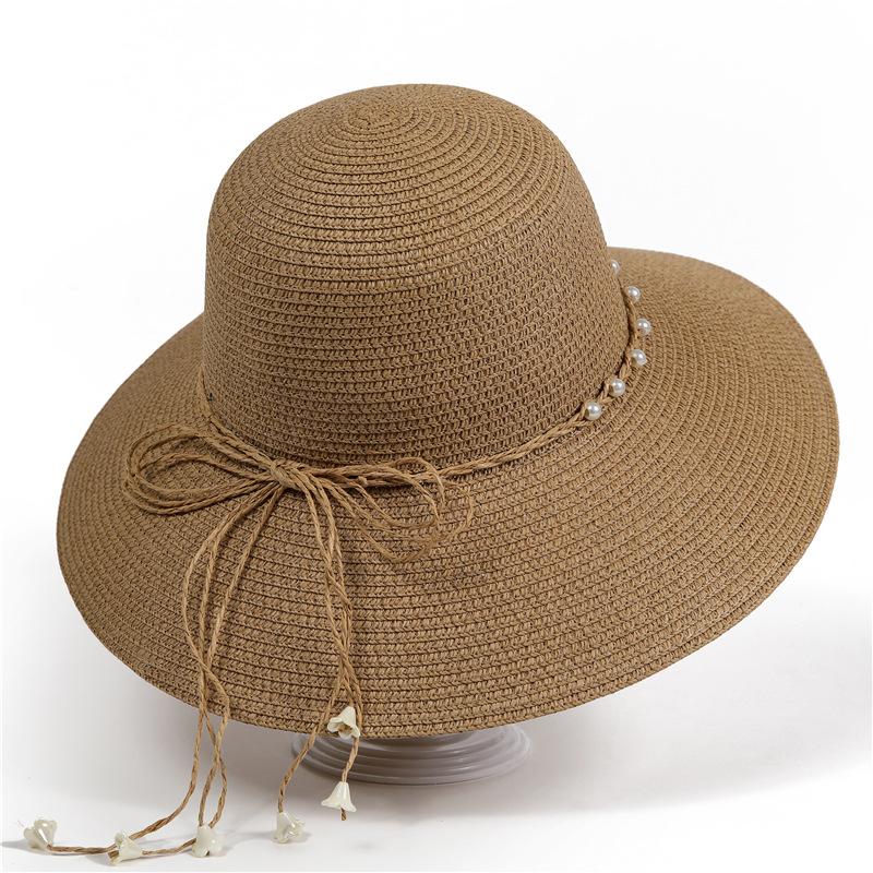 Темперамент Элегантная Панама Женская Летний Отпуск Ветрозащитная Соломенная Веревка с Жемчугом Бант Широкие Поля Панама Соломенная Шляпа Мода M（56-58cm）