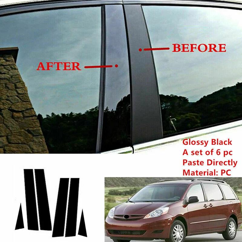 6Pcs Glossy Black Pillar Posts Window Door Moulding Trim Cover Exterior Accessories For For Toyota Sienna 2002-2009