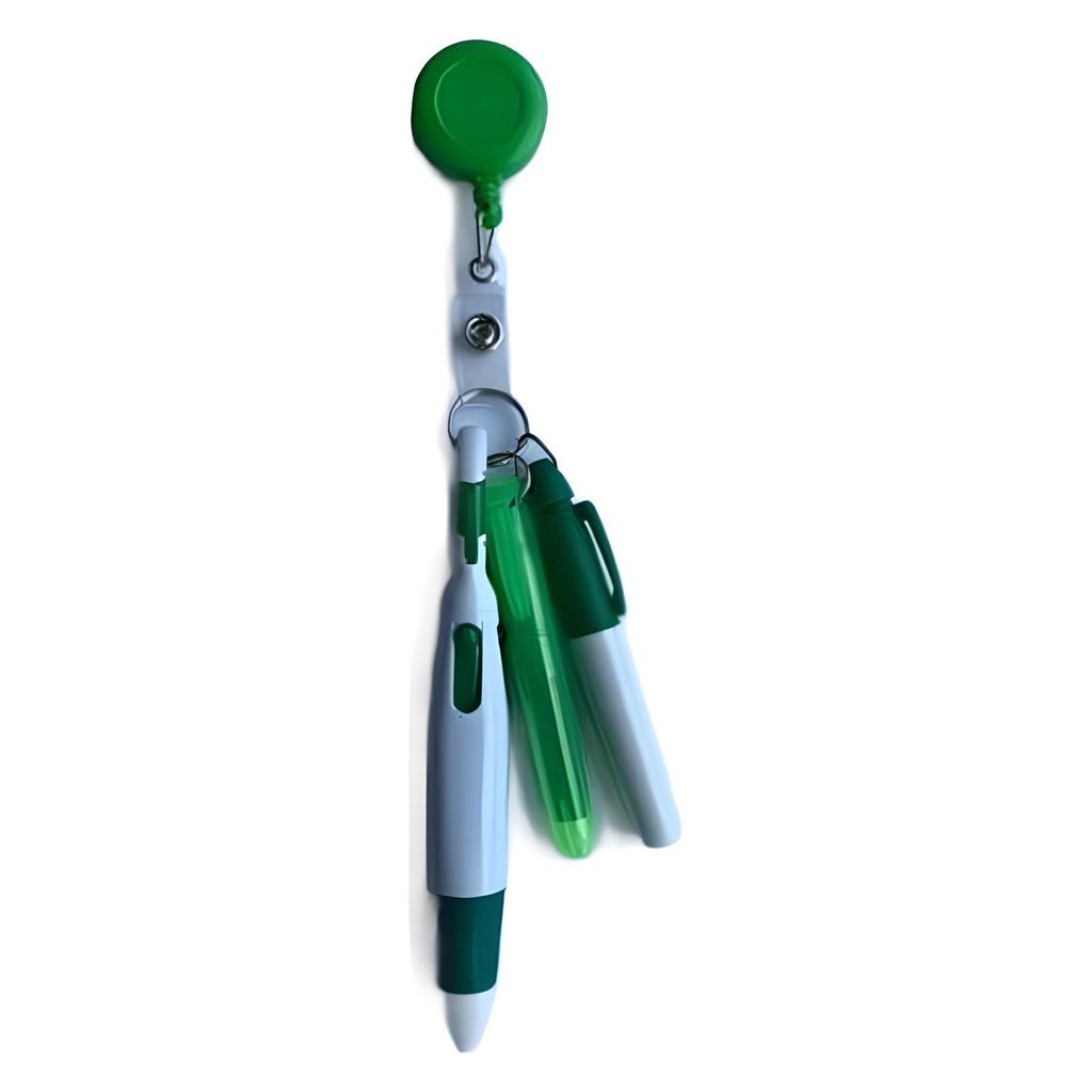 Geri Çekilebilir Kalem Seti (Neon Mini Fosforlu Kalem, LED Anahtarlık ve Rozet Klipsi ile)