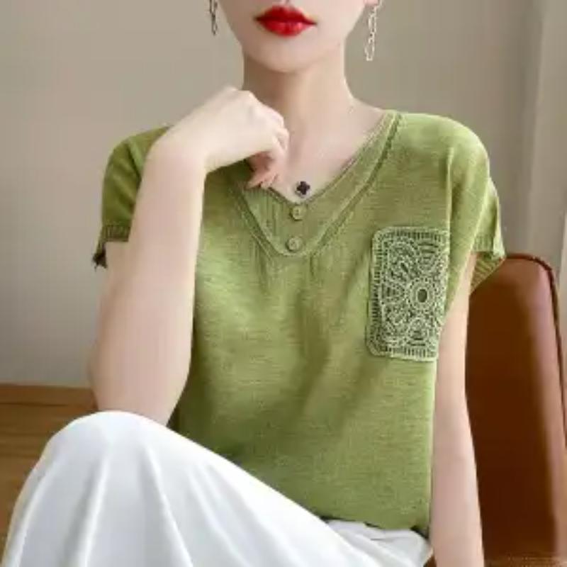 Women's Linen Blend V-Neck Lace Pocket Short Sleeve Loose Casual T-Shirt