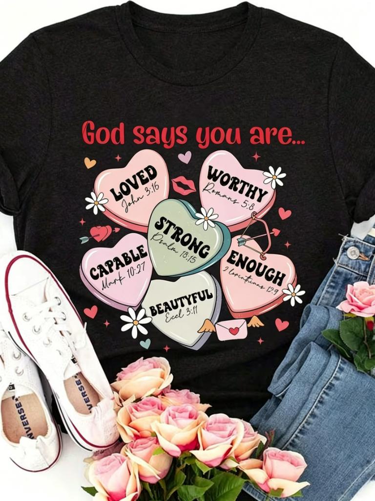 Christian Candy Hearts Tshirt God Says You Are Inspirational Bible Verse Graphic Short Sleeve Tops All Season Wear