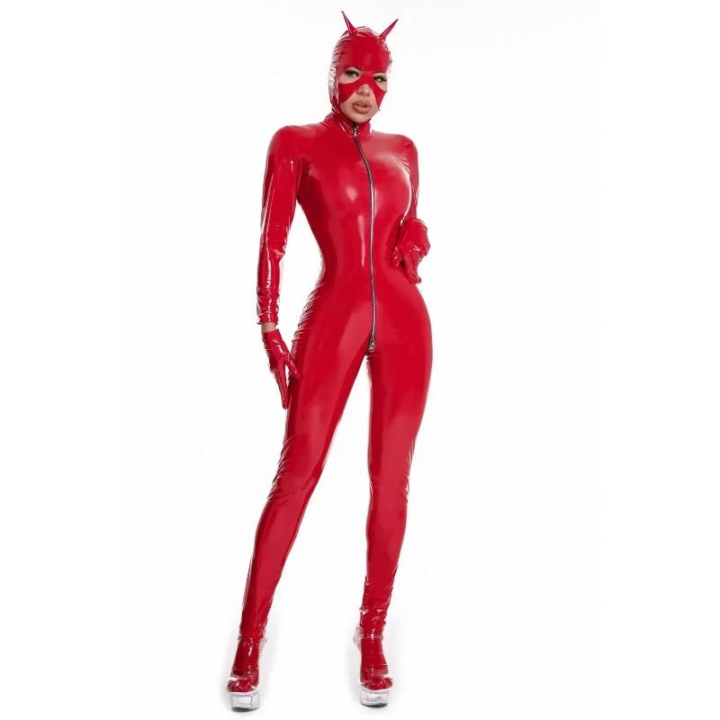 Long Sleeve Zip Open Crotch Bodysuit Women Shiny PU Faux Sexy Look Suit Leather Jumpsuits Latex Catsuit Wet Clubwear