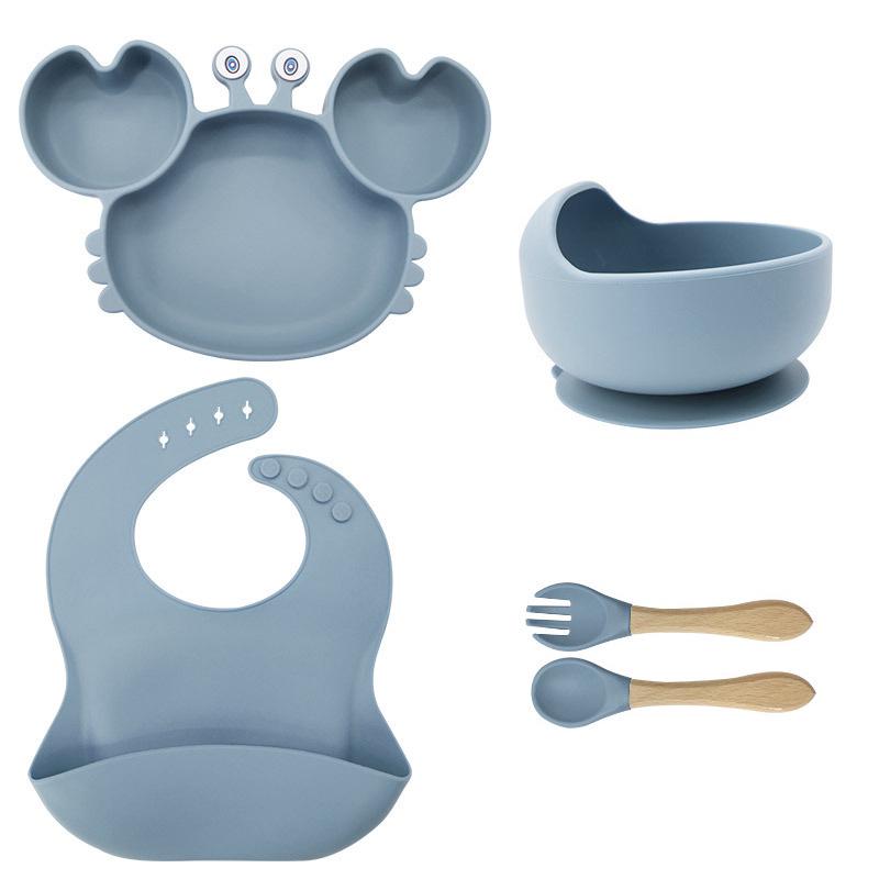 Crab-Themed Silicone Tableware Set: 9-Piece Baby Feeding Kit with Meal Plate, Bowl, Spoon, and Fork