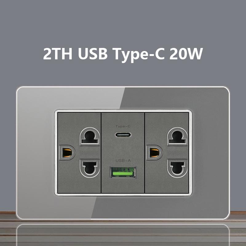 Italy Chile Socket with USB Smart Type-c 20W Fast Charging Glass Wall Electric Light Switch,Thai US Brazil Dual USB Power Socket