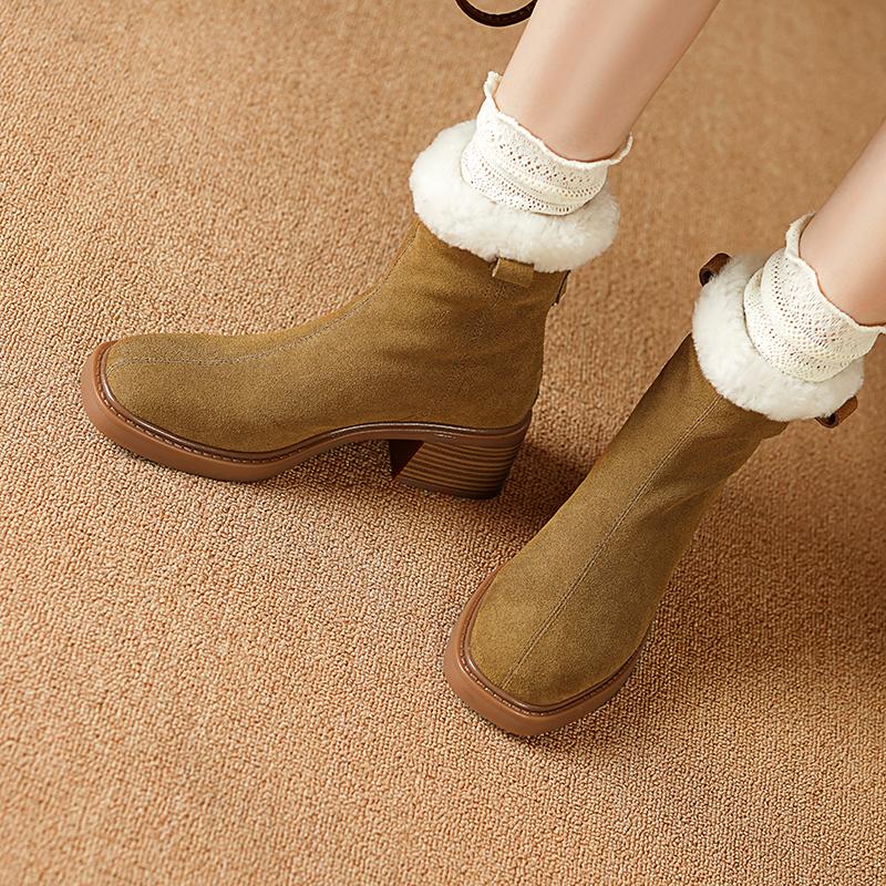 Fashion 2024 Winter Women Boots Cow Suede Women Shoes Round Toe Chunky Heel Short Boots Genuine Leather Ladies Wool Modern Snow Boots