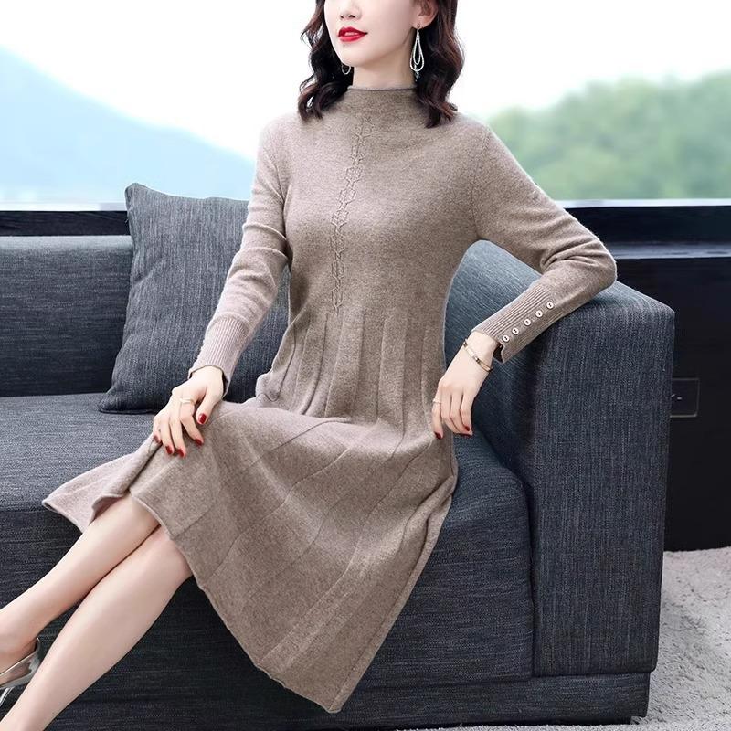 Autumn Winter Round Neck Elegant Knitting Robe Dress Women Solid Color Casual Fashion Bottomed Vestidos