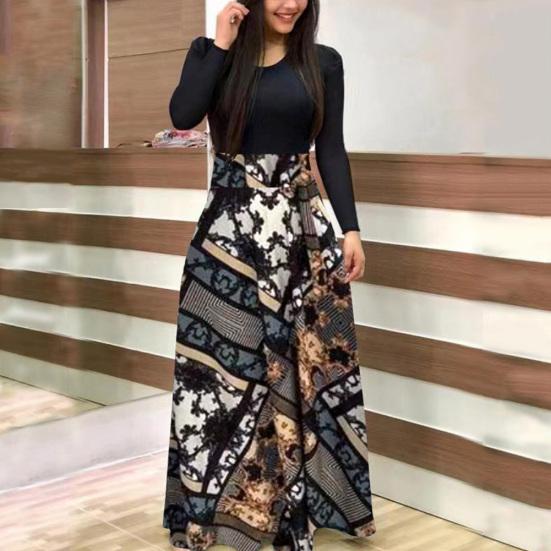 Kobiety Kwiatowy Nadruk Patchwork Długi Rękaw Koktajlowa Impreza Duża Rozkloszowana Sukienka Maxi