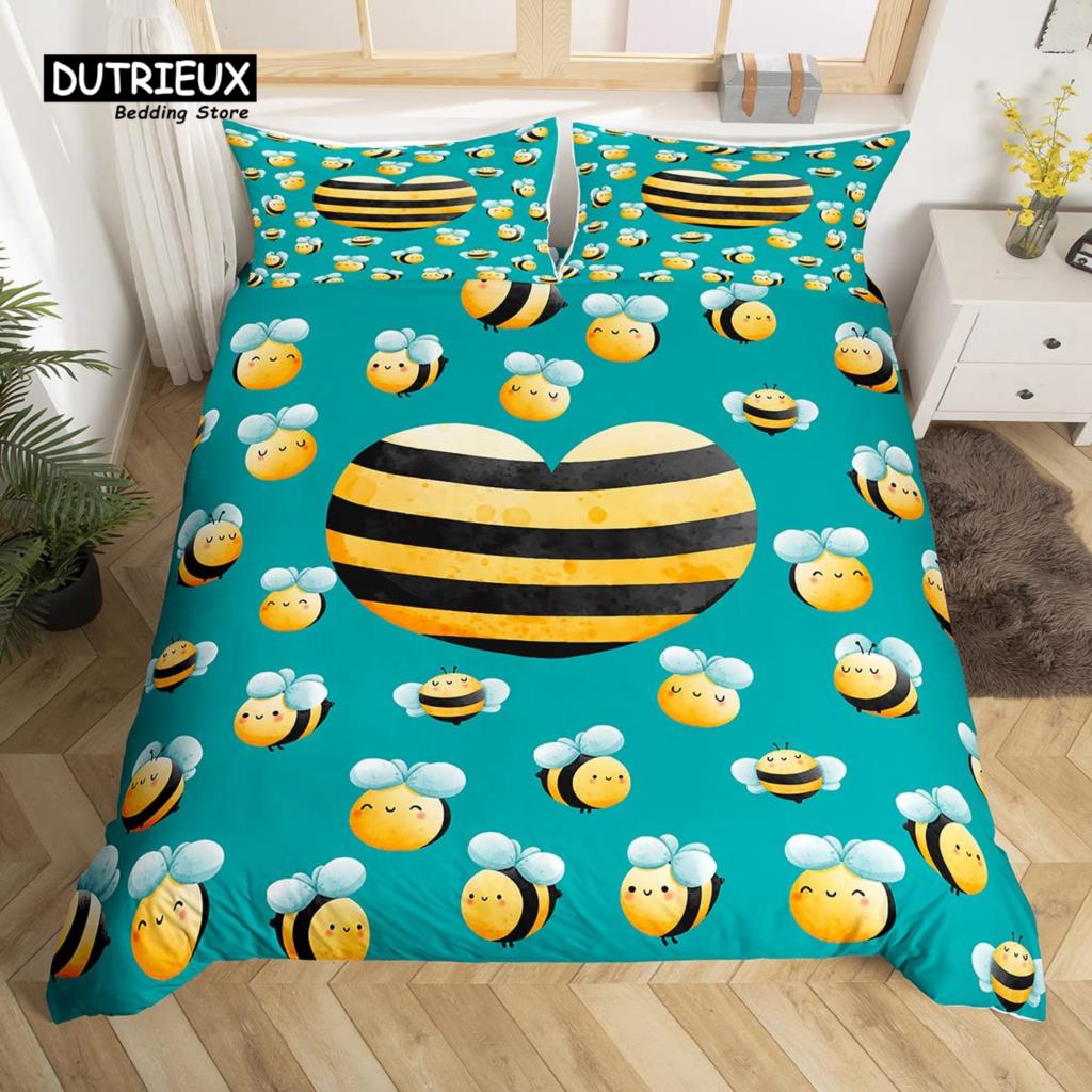 Kawaii Bear Duvet Cover Set Twin King Size Cartoon Animals Bedding Set Polyester Parachute Blue Sky White Cloud Comforter Cover