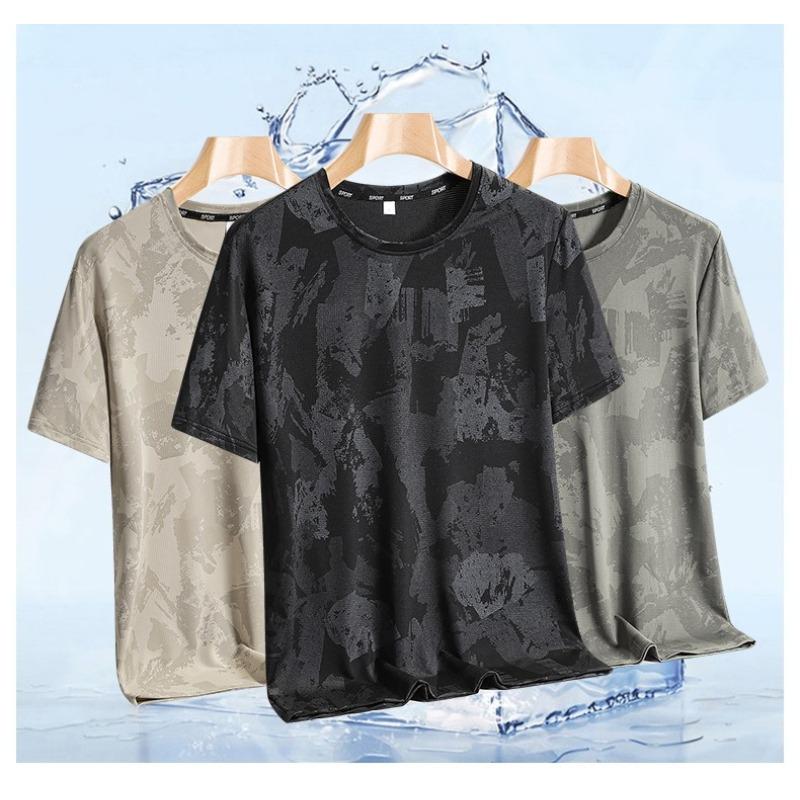 Summer Men Breathable Ice Silk Short Sleeve Tee Elastic Crew Neck Casual Fashion High Quality Sports Running Plain Top