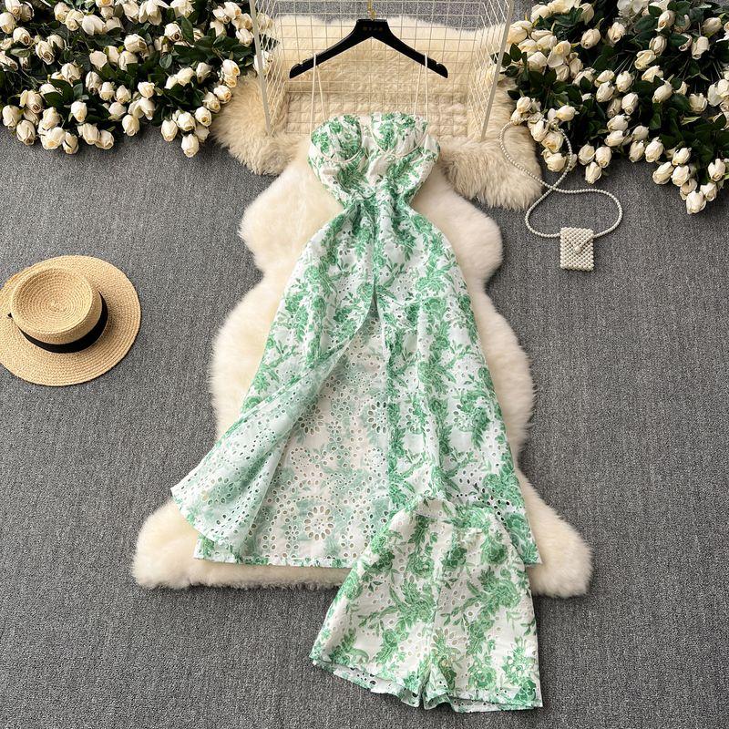 

Beach Vacation Suit Women s Sweet Exquisite Hollow-out Embroidery Floral Split Sling Dress + High Waist Loose Pants Green L