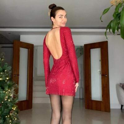 Women Sexy Backless Glitter Sequins Mini Dress Fashion Long Sleeve Slim Evening Dresses High Waist O-neck Party Gown